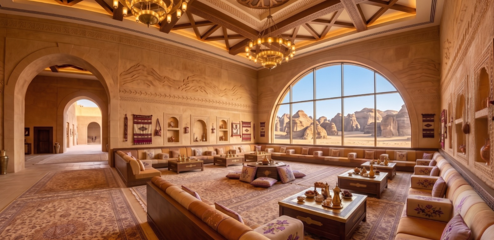 Sophisticated lounge bar with a wooden counter, stylish barstools, and elegant decor. Luxurious seating area with plush chairs and warm lighting.